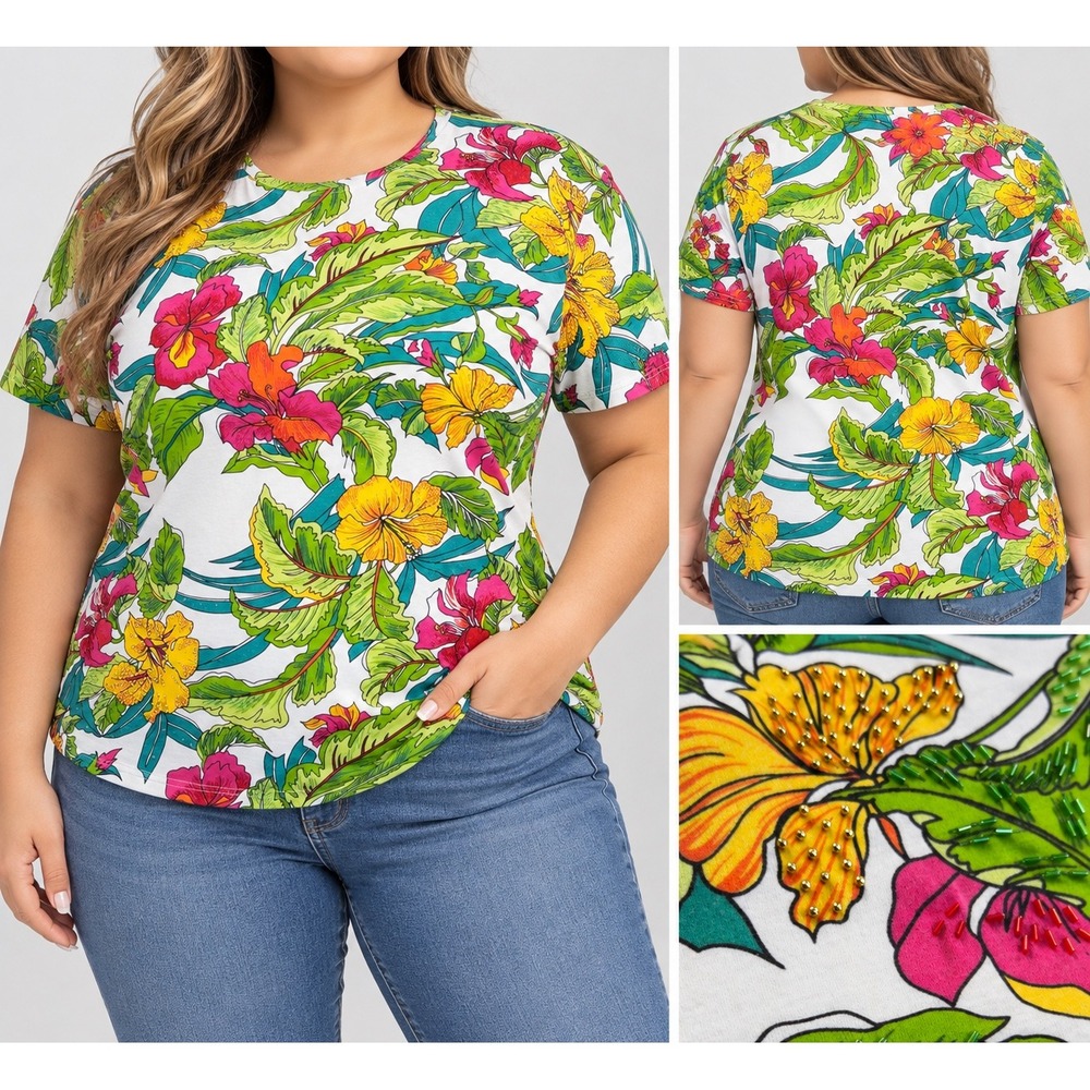Vintage AK America Tropical Floral Beaded T-Shirt Women's Plus 26/28 Art To Wear
